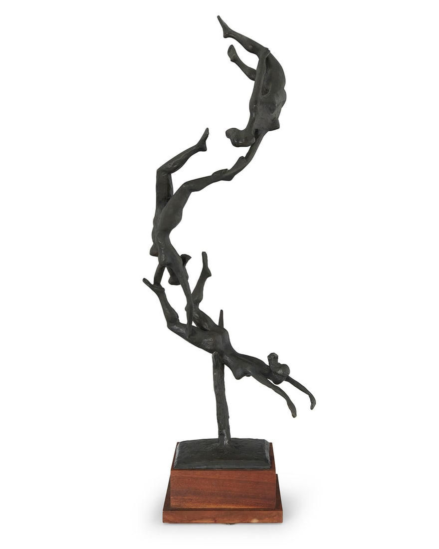Gerald Fellman (active 20th century), Acrobats: Gerald Fellman (active 20th century) Acrobats Patinated bronze on rotating wood plinth Signed in the casting: G. Fellman Bronze: 26.25" H x 8" W x 10" D; Overall: 29.25" H Provenance: The Estate of