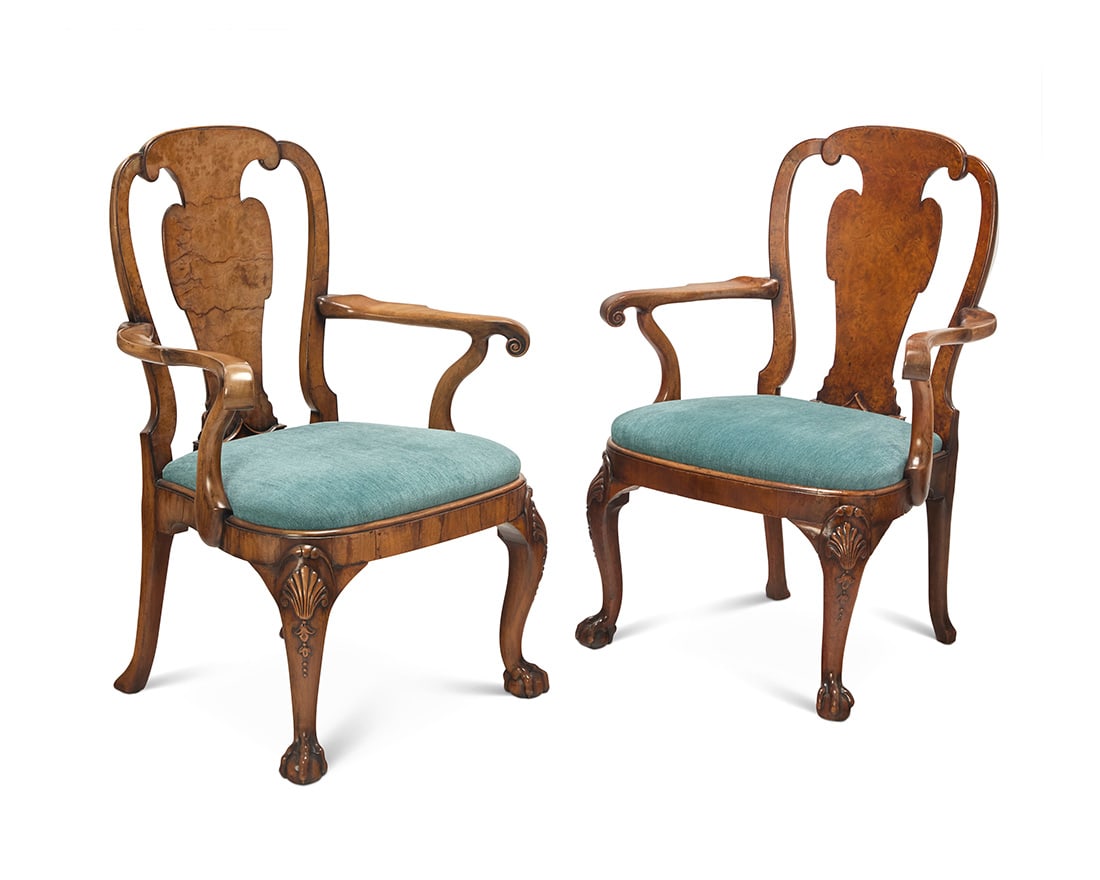 A pair of George I/II style walnut veneered armchairs (1 of 10)