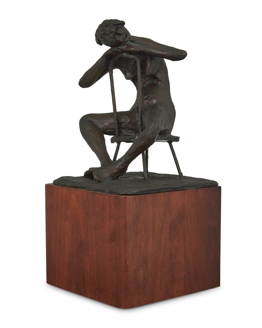 Gerald Fellman (20th century), Seated nude female figure: Gerald Fellman(20th century)Seated nude female figurePatinated bronze on rotating wood plinthEdition: A.P.Signed and numbered on the base: G. FellmanBronze: 6.75" H x 5.25" W x 5.25" D; Overall: 11" H