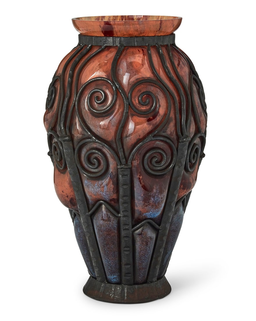A Daum & Majorelle Art Nouveau glass and wrought iron vase (1 of 5)