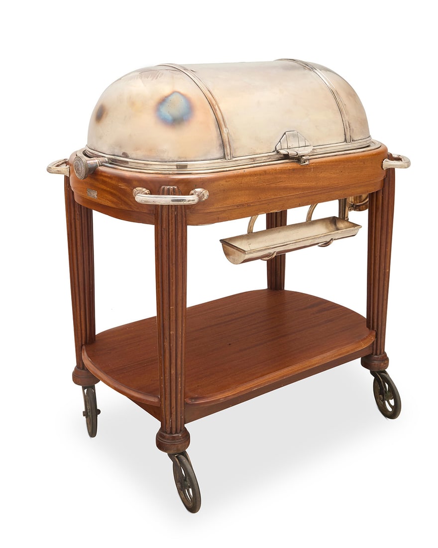 A Maison Renaud & J Clermont Art Deco meat serving trolley: A Maison Renaud & J Clermont Art Deco meat serving trolley1930sWith applied metal label: Renaud & J Clermont S. A. / Geneve / Fournitures Generales Pour HotelsThe silver-plated and mahogany hot meat c