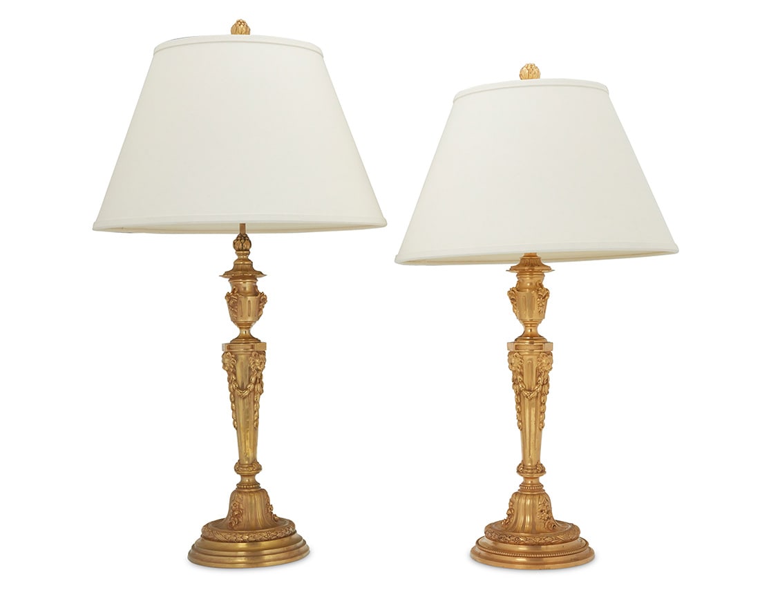 A near pair of Louis XVI style gilt bronze candlestick lamps (1 of 8)