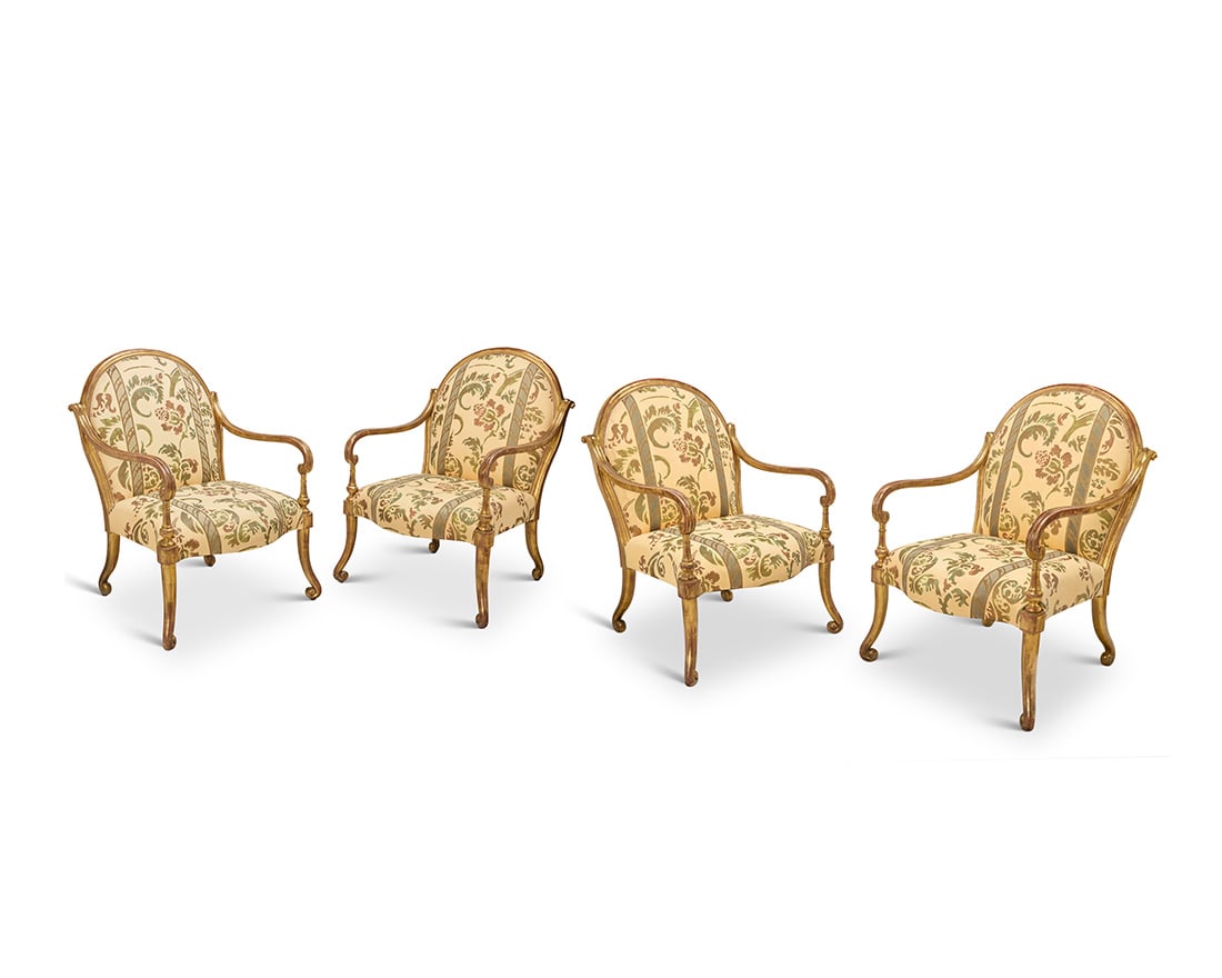 A set of four Rose Tarlow Melrose House giltwood 'Verona' armchairs: A set of four Rose Tarlow Melrose House giltwood 'Verona' armchairsLate 20th centuryEach with scrolled armrest terminals and feet, upholstered in a foliate pattern fabric4 piecesEach: 43" H x 33" W x