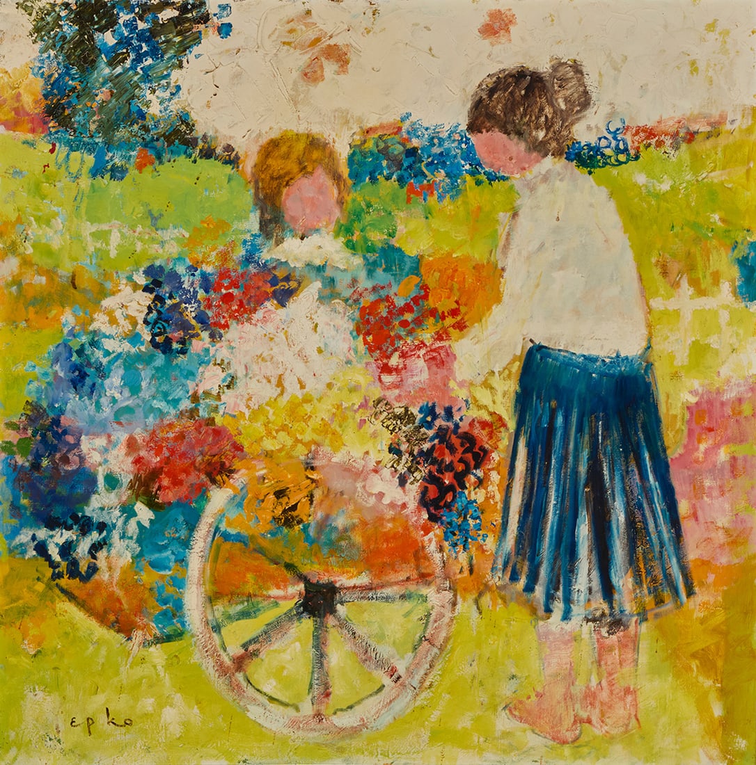 Willering Epko (b. 1928), Figures with a flower cart: Willering Epko(b. 1928)Figures with a flower cartOil on canvasSigned lower left: Epko39.5" H x 39.5" W Provenance:The Estate of Joanna Carson