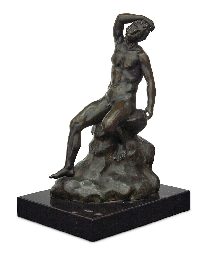 An Italian patinated bronze figure of the Sleeping Faun: An Italian patinated bronze figure of the Sleeping Faun20th centuryUnsignedWith verdigris patina on a composite baseBronze: 9.125" H x 5.375" W x 4.25" D; Overall: 10.25" H x 7.125" W x 5.625" D Prove