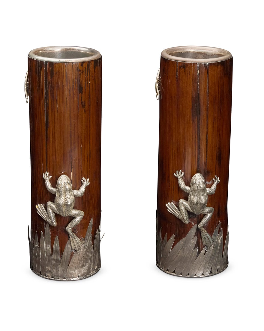 A pair of silvered metal mounted bamboo 'Hungry Frog' vases (1 of 8)