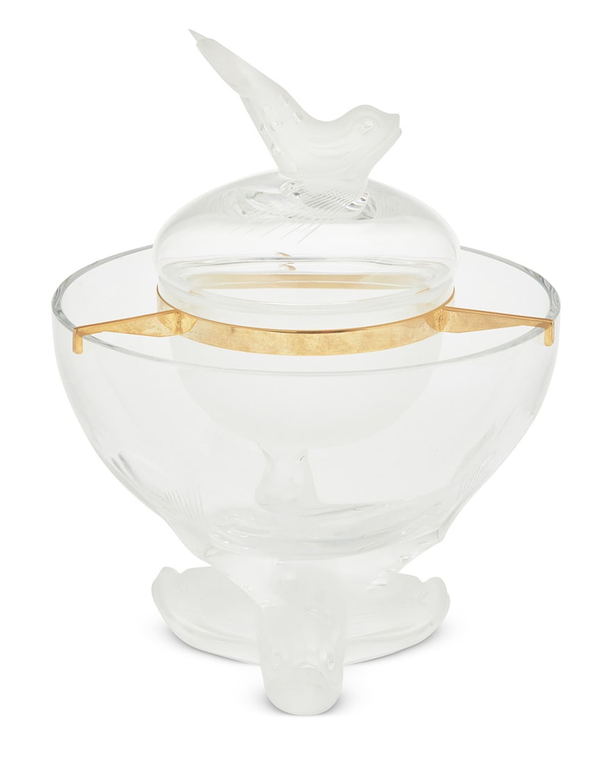 A Lalique glass 'Igor' caviar bowl: A Lalique glass 'Igor' caviar bowlLate 20th/early 21st centuryDesigned in 1969 by Marie-Claude Lalique (1935-2003)Etched: Lalique ® FranceIn four pieces, with gold-plated metal support and dolphin-fo