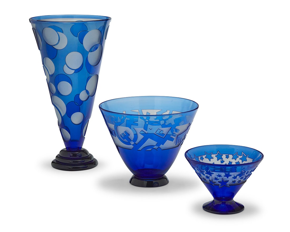 Steven Correia (b. 1949), Three Contemporary acid cut blue overlay glass vases, 1989-1990 (1 of 5)