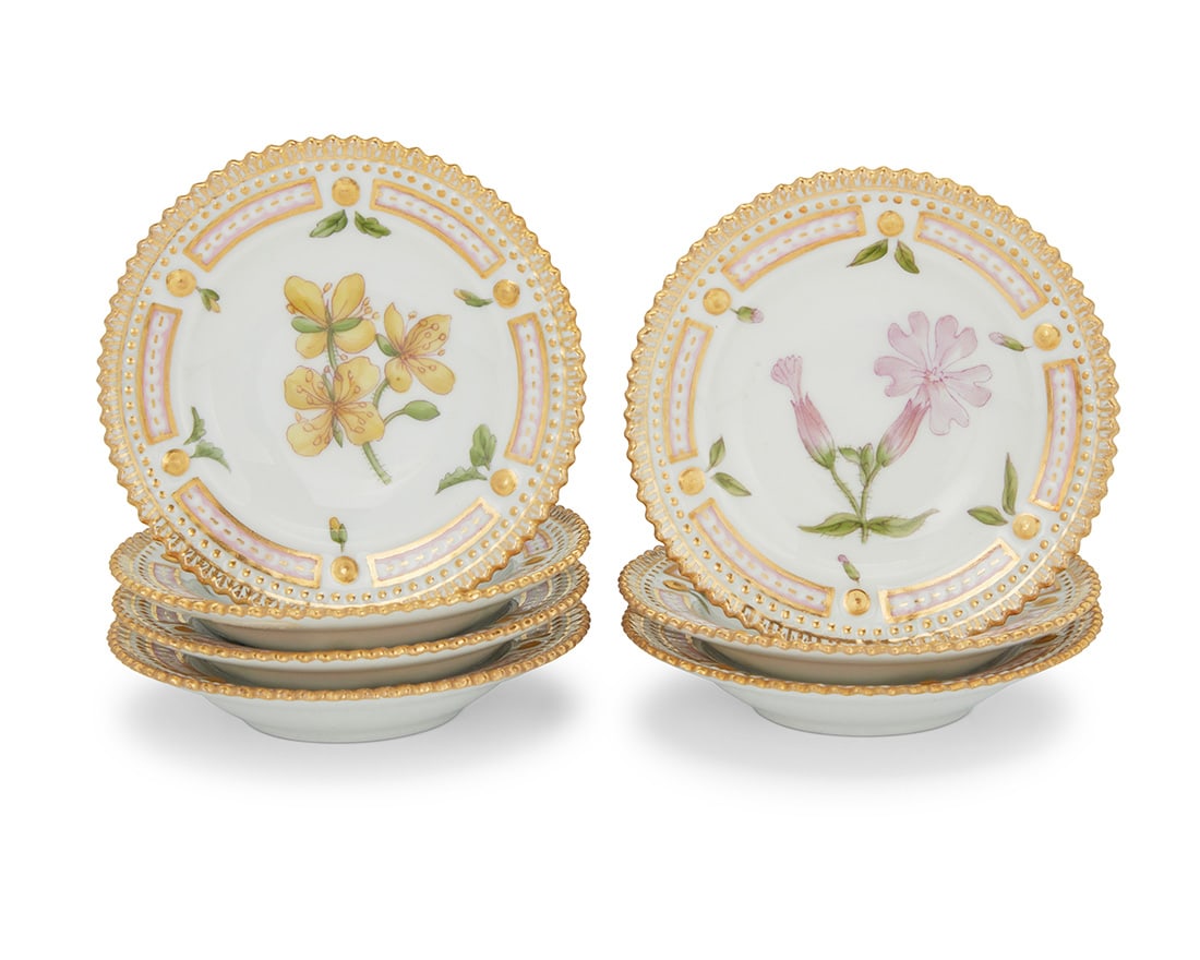 A set of seven Royal Copenhagen porcelain 'Flora Danica' butter pats: A set of seven Royal Copenhagen porcelain 'Flora Danica' butter patsDate codes for 1963-64Each with green printed factory mark above underglaze blue wave and green painted pattern 20 over shape number