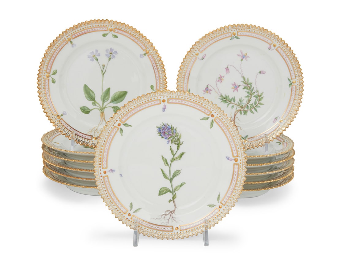 A set of thirteen Royal Copenhagen porcelain 'Flora Danica' bread & butter plates: A set of thirteen Royal Copenhagen porcelain 'Flora Danica' bread & butter platesDate codes for 1956-74Each with green printed factory mark above underglaze blue wave and green painted pattern 20 over
