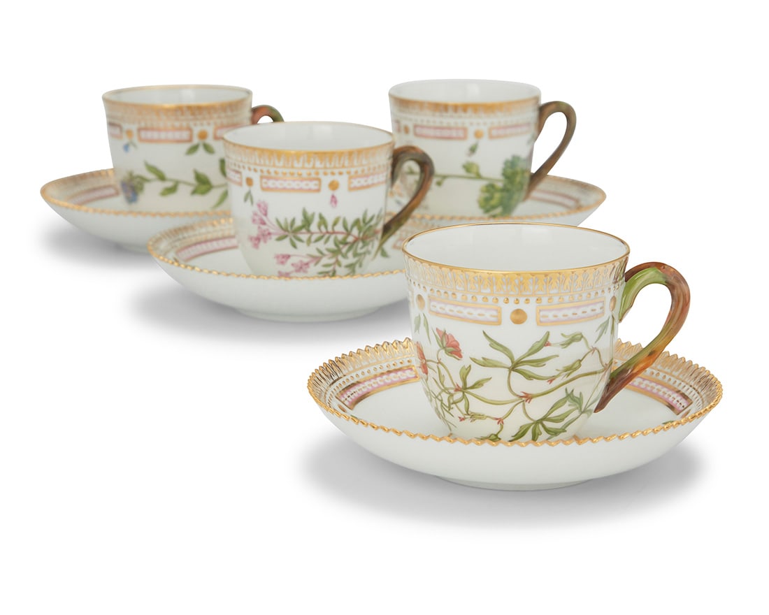 A set of twelve Royal Copenhagen porcelain 'Flora Danica' tea cups and saucers (1 of 4)