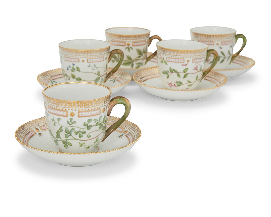 A set of ten Royal Copenhagen porcelain 'Flora Danica' tea cups and saucers (1 of 4)