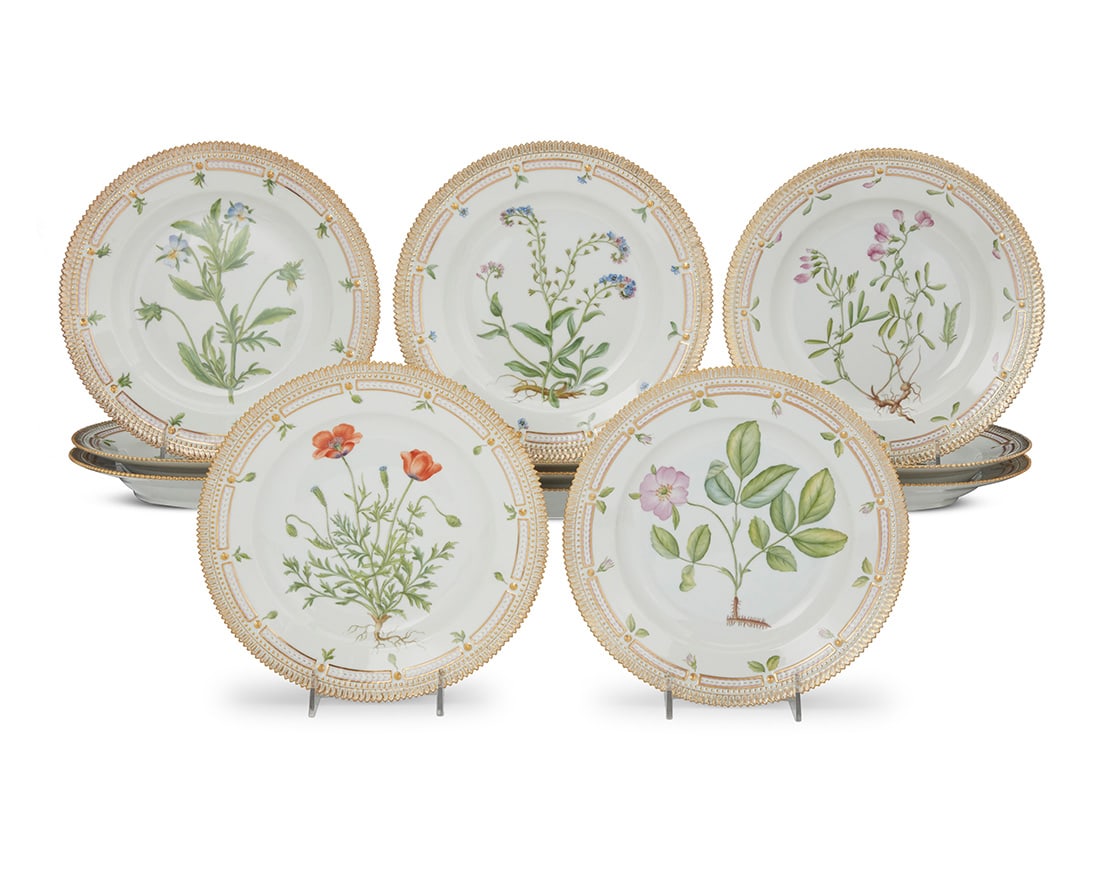 A set of twelve Royal Copenhagen porcelain 'Flora Danica' dinner plates: A set of twelve Royal Copenhagen porcelain 'Flora Danica' dinner platesDate codes for 1948-84Each with green printed factory mark above underglaze blue wave and green painted pattern 20 over shape num
