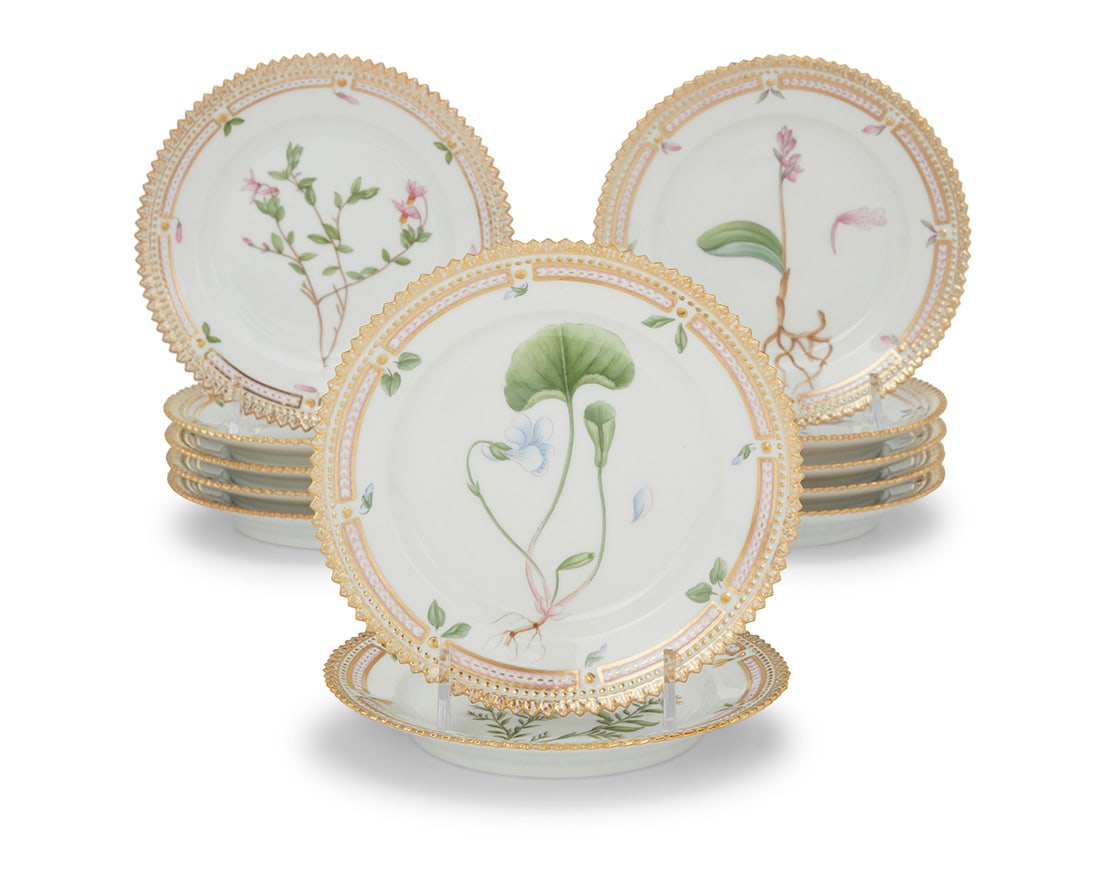 A set of twelve Royal Copenhagen porcelain 'Flora Danica' bread & butter plates: A set of twelve Royal Copenhagen porcelain 'Flora Danica' bread & butter platesDate codes for 1956-67Each with green printed factory mark above underglaze blue wave and green painted pattern 20 over s
