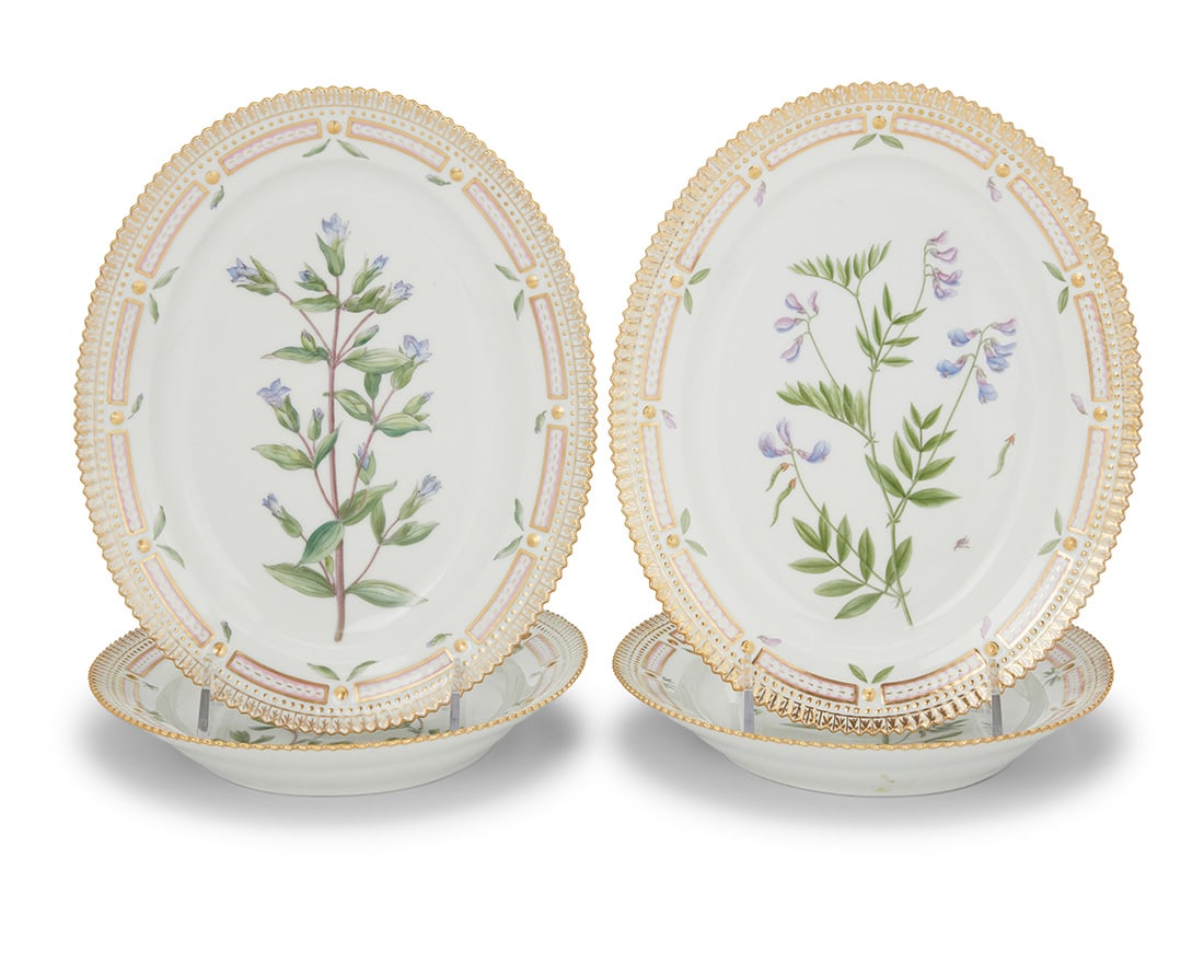 Four Royal Copenhagen porcelain 'Flora Danica' oval platters: Four Royal Copenhagen porcelain 'Flora Danica' oval plattersDate codes for 1961-74Each with green printed factory mark above underglaze blue wave and green painted pattern 20 over shape number 3516, b