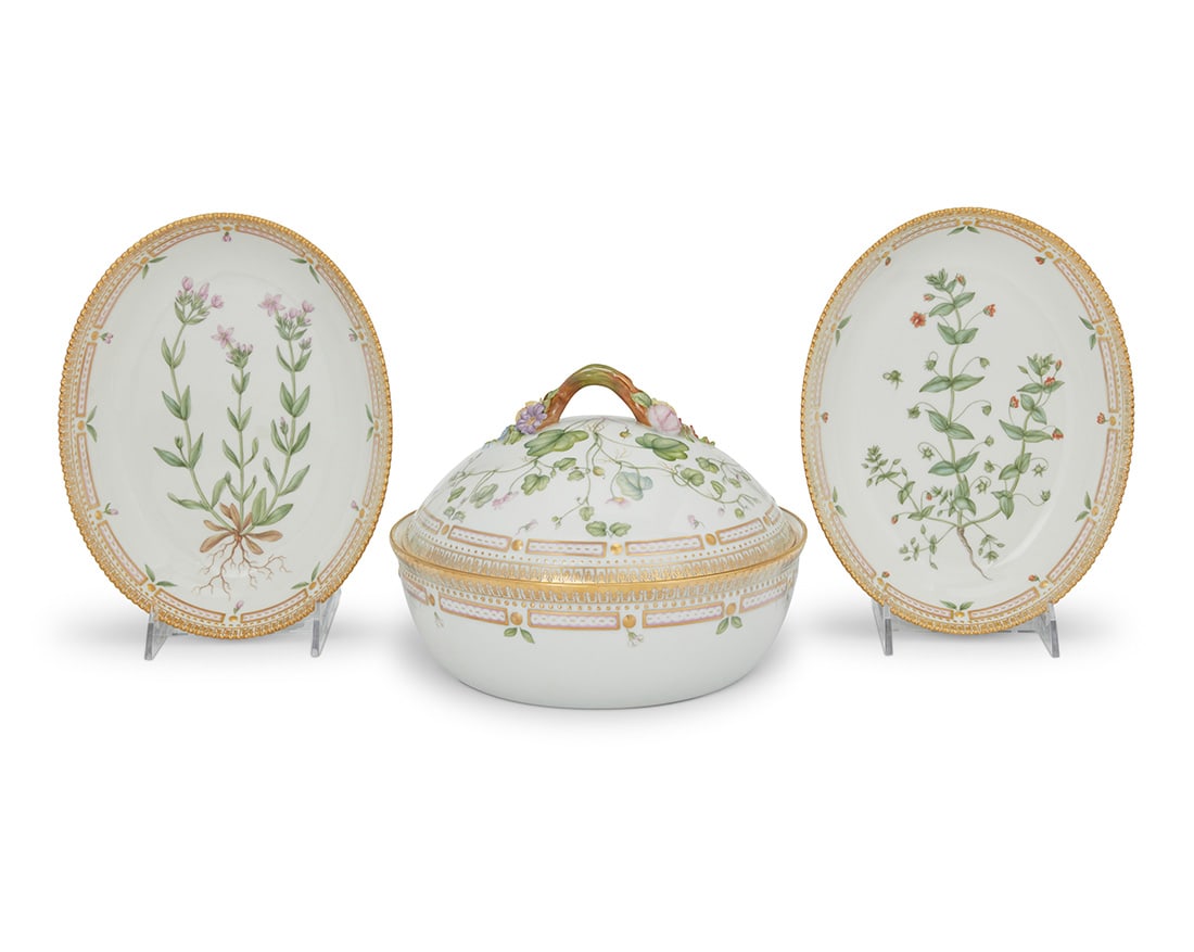 Three Royal Copenhagen porcelain 'Flora Danica' serving pieces: Three Royal Copenhagen porcelain 'Flora Danica' serving piecesDate codes for 1953-84Each with green printed factory mark above underglaze blue wave and green painted pattern 20 over shape number 3506