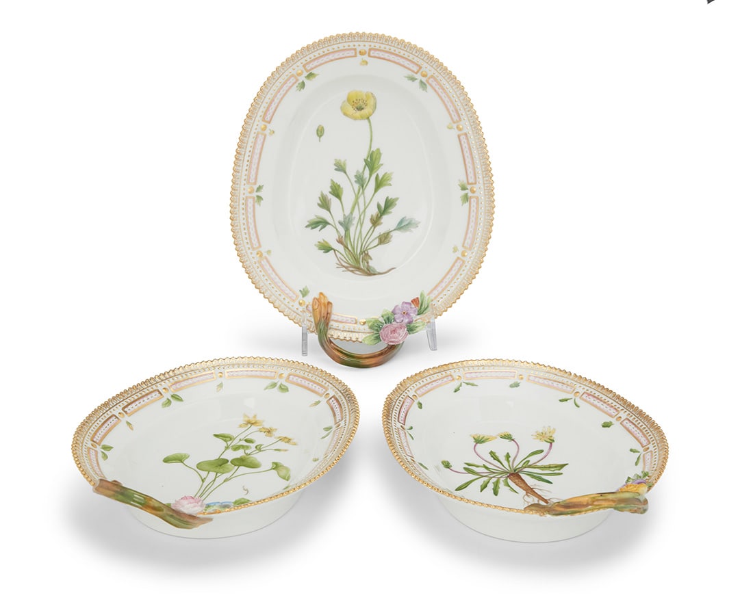 Three Royal Copenhagen porcelain 'Flora Danica' pickle dishes: Three Royal Copenhagen porcelain 'Flora Danica' pickle dishesDate codes for 1968-74Each with green printed factory mark above underglaze blue wave and green painted pattern 20 over shape number 3540 o