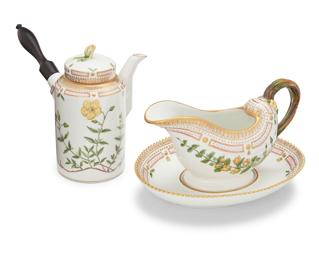 Two Royal Copenhagen porcelain 'Flora Danica' table items: Two Royal Copenhagen porcelain 'Flora Danica' table items1969-1978Each with green printed factory mark above underglaze blue wave and green painted pattern 20 over shape numbers 3620 or 3556, black pa