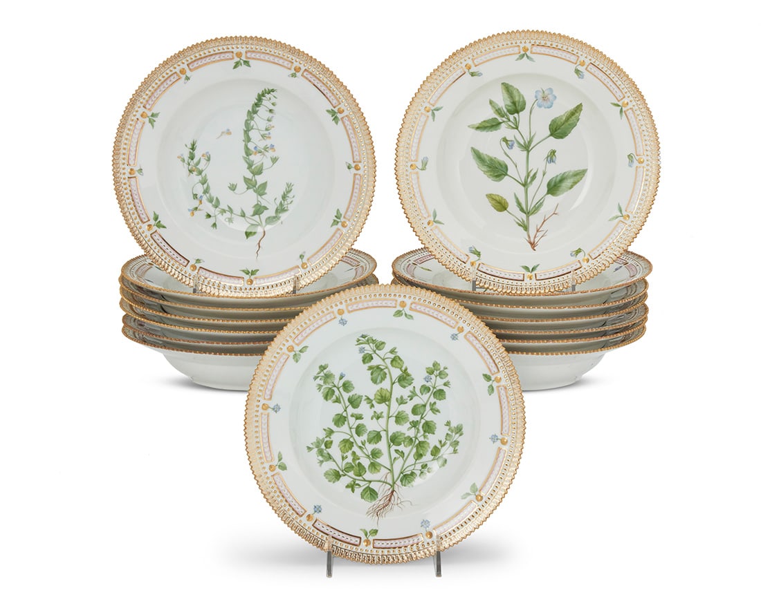Fifteen Royal Copenhagen 'Flora Danica' and 'Flora Danica' style soup bowls: Fifteen Royal Copenhagen 'Flora Danica' and 'Flora Danica' style soup bowlsLate 20th centuryEach with green printed factory mark above underglaze blue wave and green painted pattern 20 over shape numb