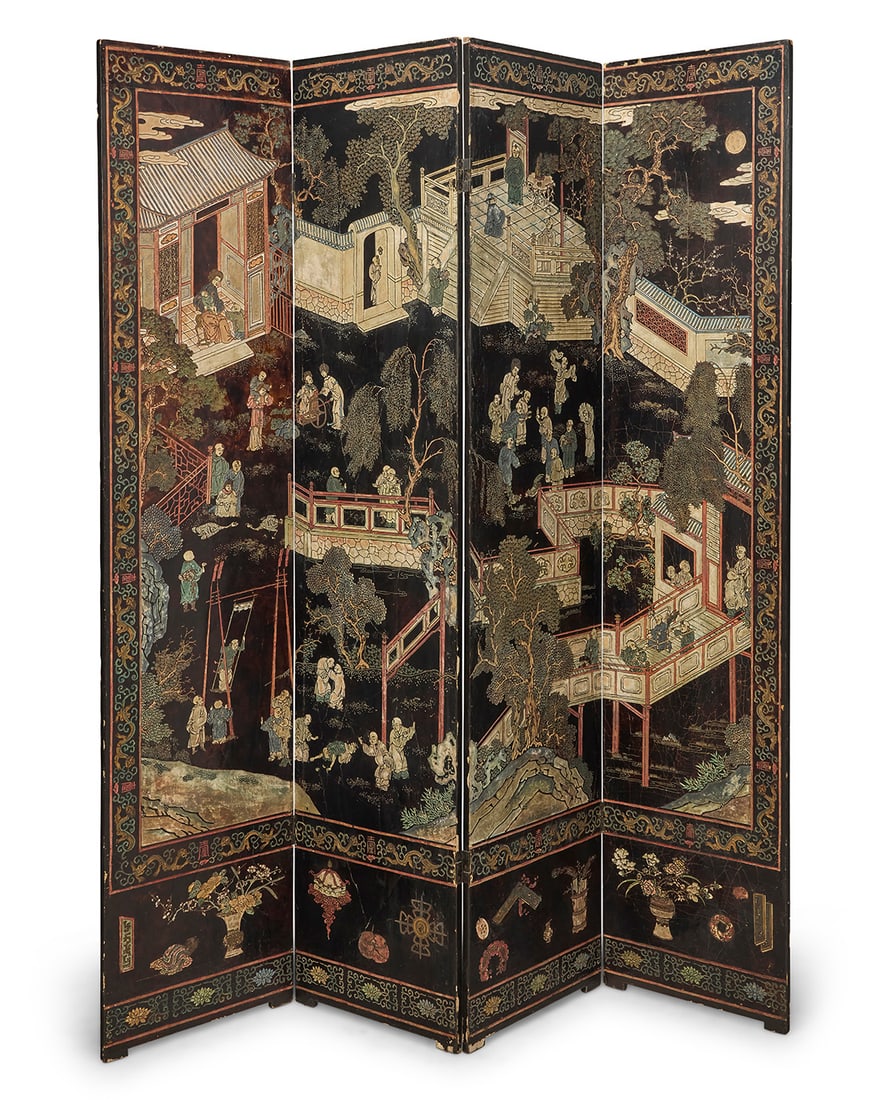 A Chinese four panel lacquered wood screen (1 of 13)