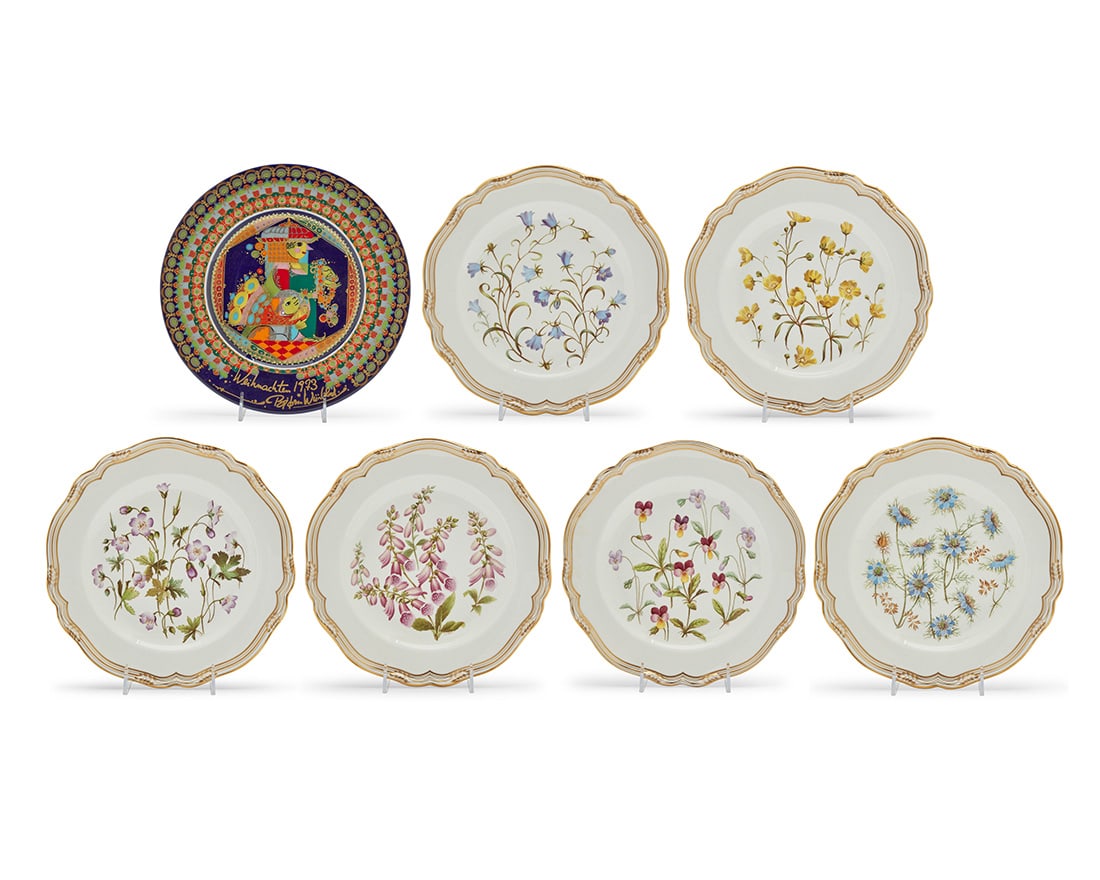 A set of eleven Spode porcelain 'Wildflower Series' plates: A set of eleven Spode porcelain 'Wildflower Series' platesMid/late 20th centuryEach Spode with gilt factory marks, labeled for depicted flower, and signed: D. Emery [Dennis Emery]; Wiinblad with Rosen
