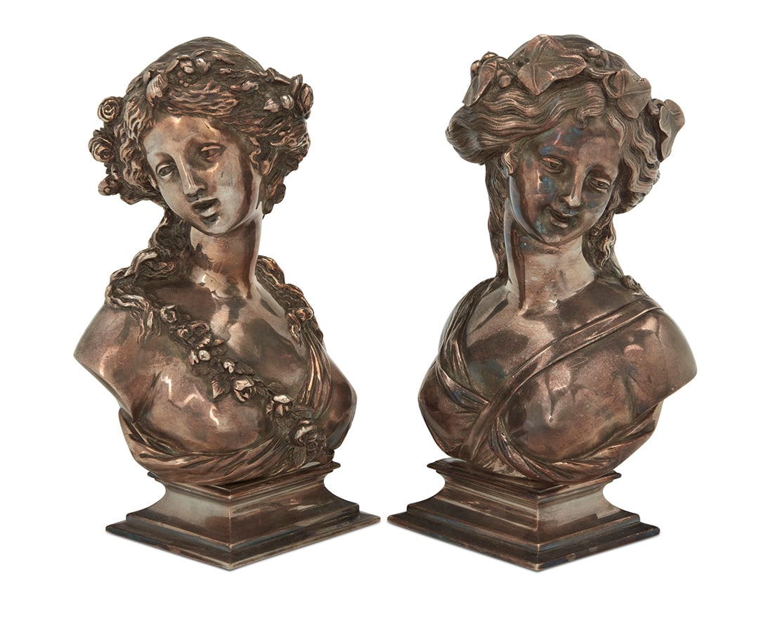 Two French silvered bronze busts of maidens (1 of 7)