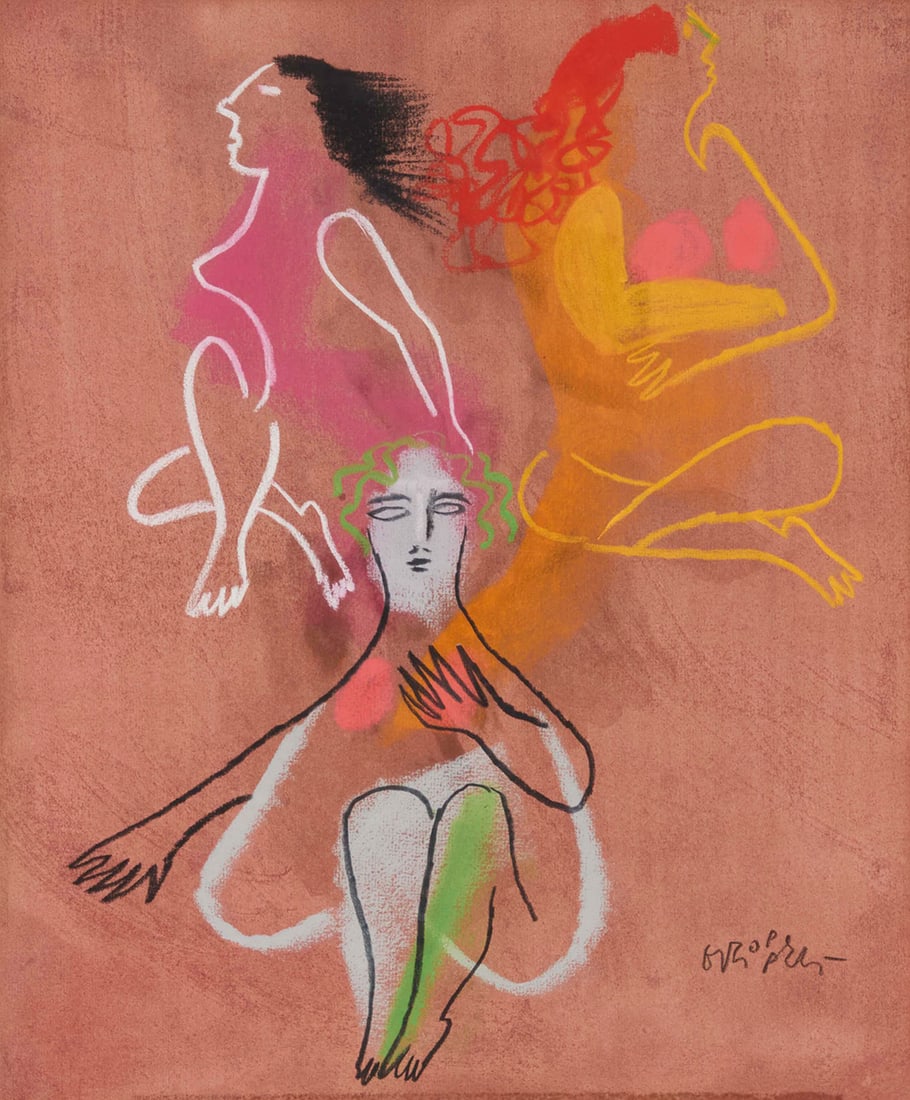 William Gropper (1897-1977), "Beach Sirens," 1969: William Gropper (1897-1977) "Beach Sirens," 1969 Pastel on paper Signed lower right: Gropper; titled and dated in ink on gallery and exhibition labels affixed to the frame's backing board; titled and