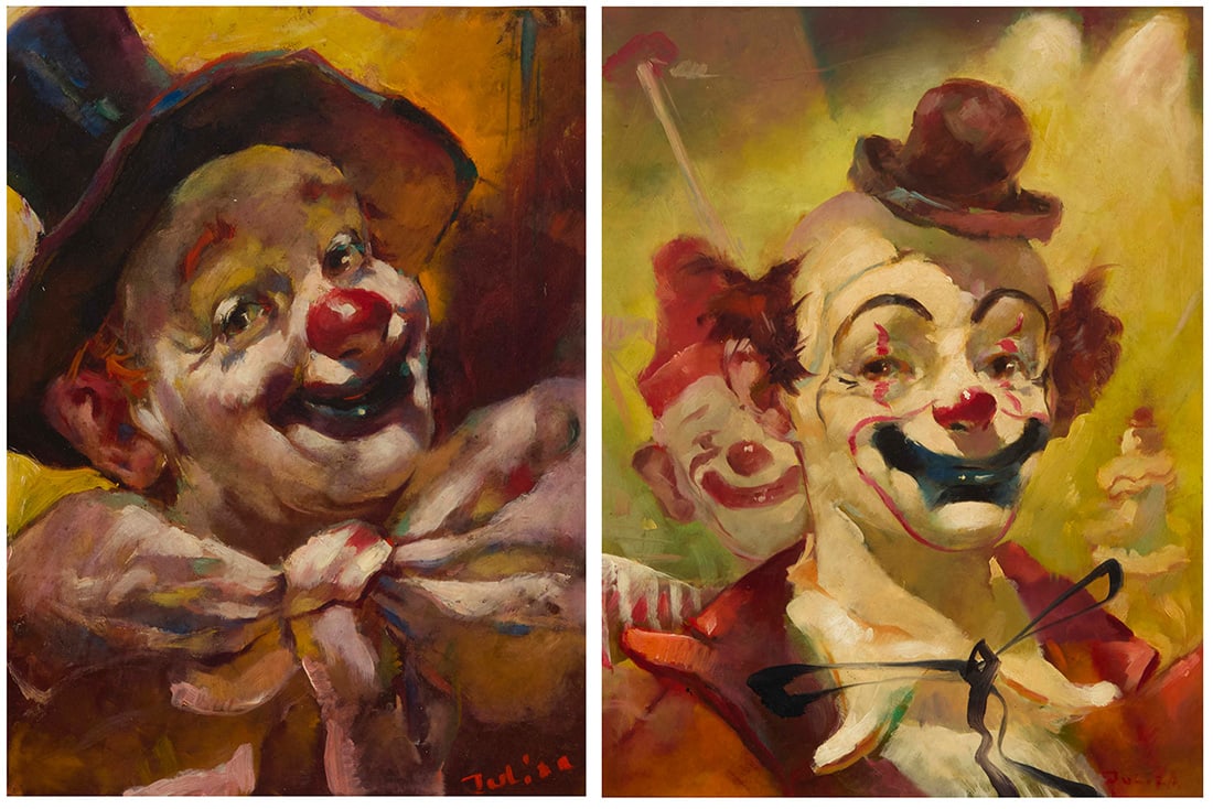 Julian Ritter (1909-2000), Two clown portraits: Julian Ritter(1909-2000)Two clown portraitsEach: Oil on MasoniteEach: Signed lower right: JulianEach: 12" H x 9.5" W Provenance:The Estate of Joanna Carson