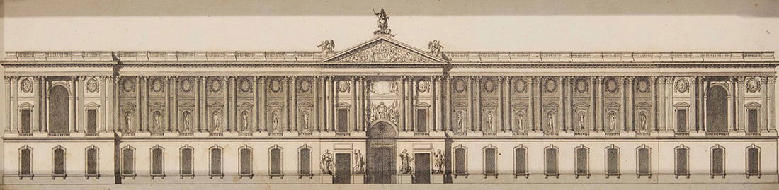 Antique engraving of the Louvre colonnade: Antique engraving of the Louvre colonnade Engraving on paper From the edition of unknown size and date Appears unsigned Sight: 4" H x 16.5" W Provenance: Rhoda Sande Gallery, New York, NY The