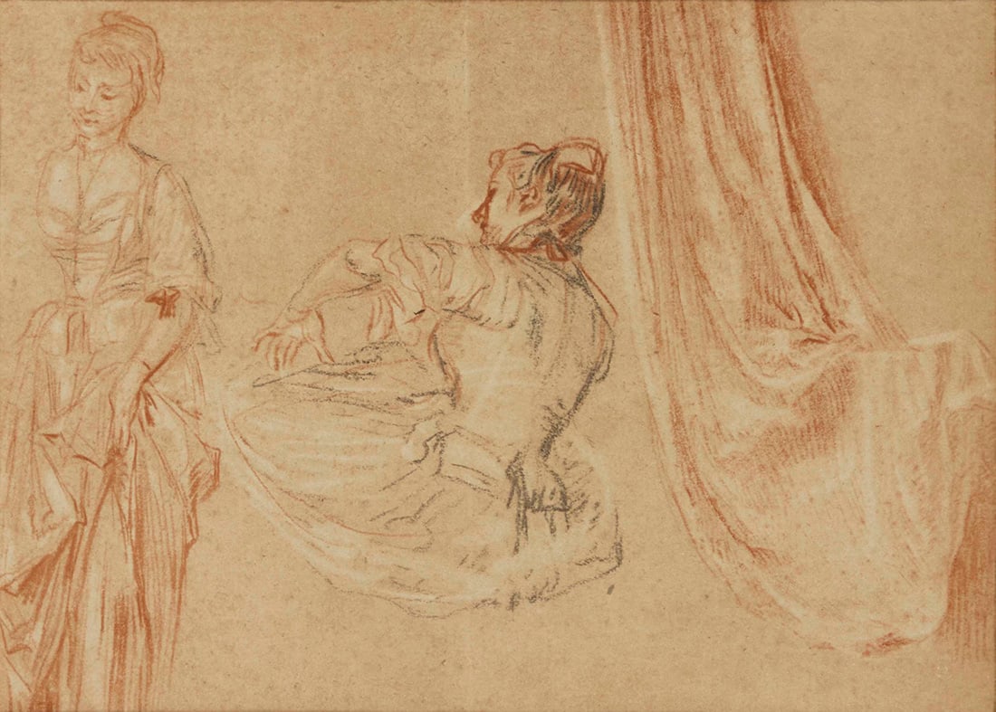 After Jean-Antoine Watteau (1684-1721), Reproduction print of "Study Sheet, Two Female Models and: After Jean-Antoine Watteau (1684-1721) Reproduction print of "Study Sheet, Two Female Models and Drapery" Offset lithograph on paper Unsigned Sight: 8" H x 11.25" W Provenance: Rhoda Sande Gallery,