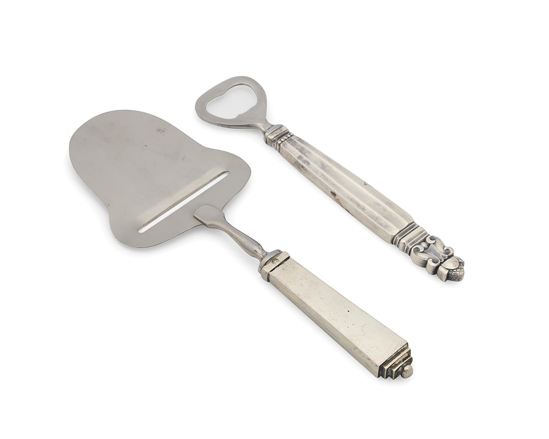 A Georg Jensen sterling silver 'Acorn' bottle opener and 'Pyramid' cheese slicer (1 of 3)