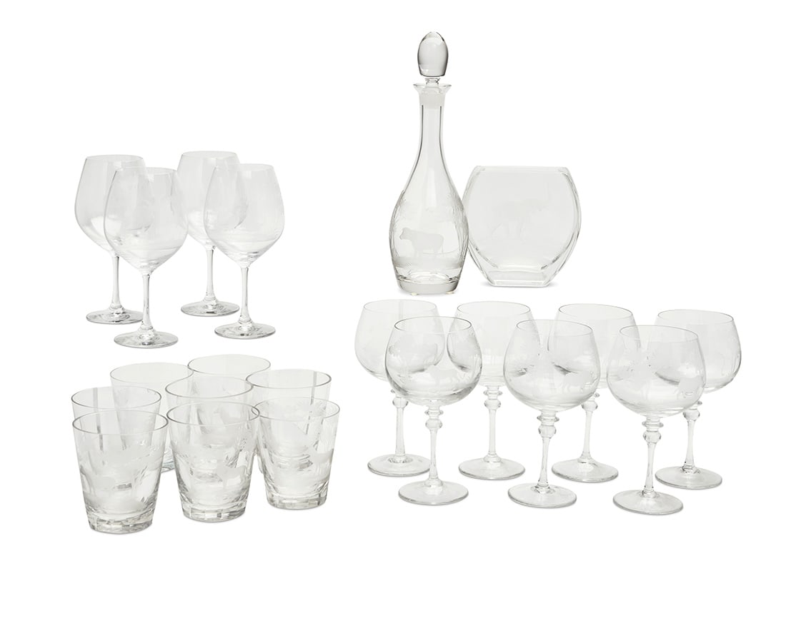 A Queen Lace glassware service: A Queen Lace glassware service 20th century Each etched in script: Queen Lace Decorated with animals and birds from the American and African Wildlife series, comprising eight 4.75" double old