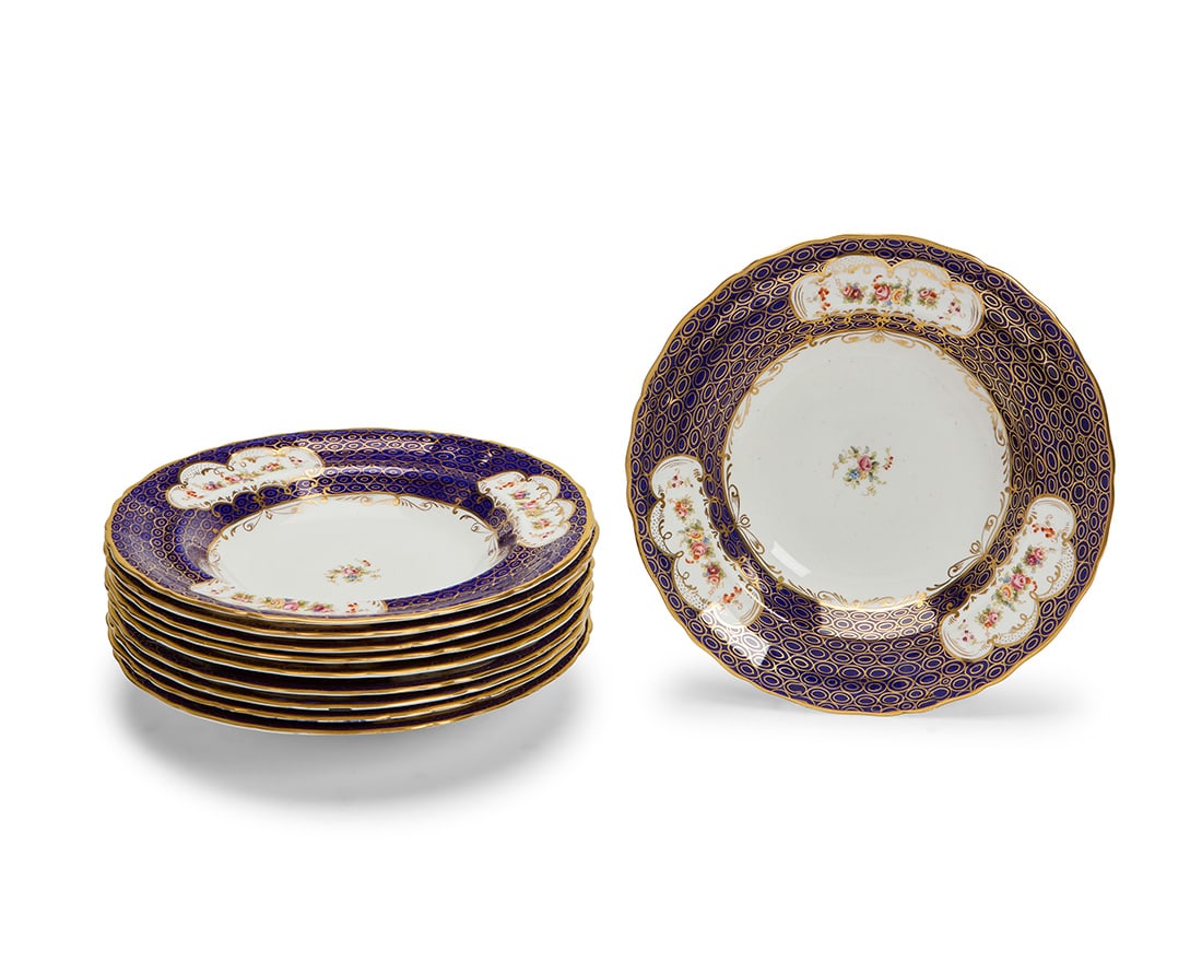 A set of ten A.J. Wilkinson porcelain soup plates: A set of ten A.J. Wilkinson porcelain soup plates Early 20th century Each with red printed factory marks and stamped: Ye olde Hall Potterie / Staffordshire England / 1790; further marked with red