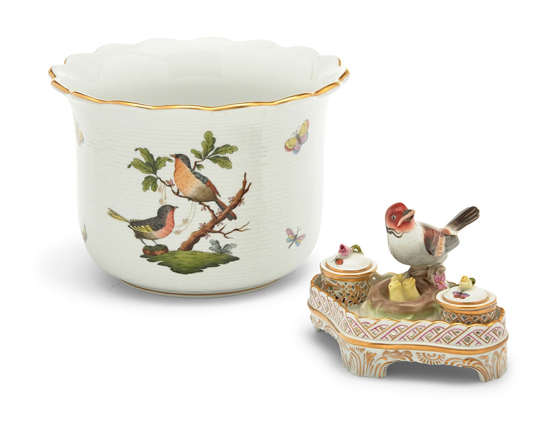 Two Herend porcelain 'Rothschild Bird' articles: Two Herend porcelain 'Rothschild Bird' articles Late 20th century Each with blue printed factory mark and numbered 7301 or 7800 Comprising a large cachepot and an inkwell 2 pieces Cachepot: 6.375" H