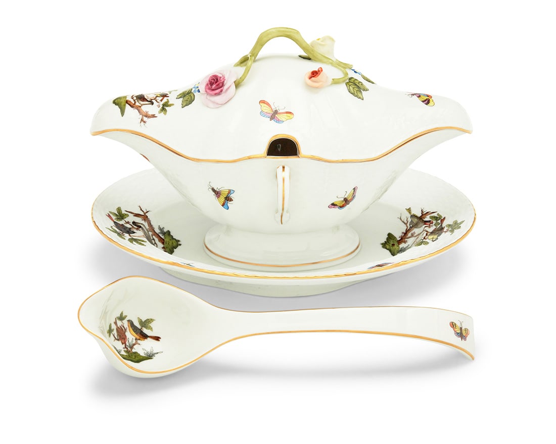 A Herend porcelain 'Rothschild Bird' covered gravy boat on stand and ladle (1 of 3)