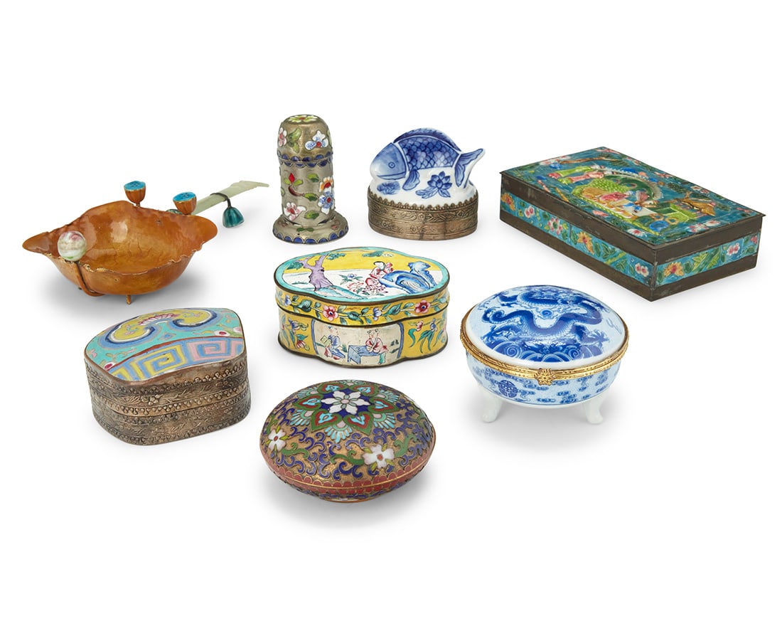 A group of eight Chinese porcelain and enamel boxes (1 of 3)