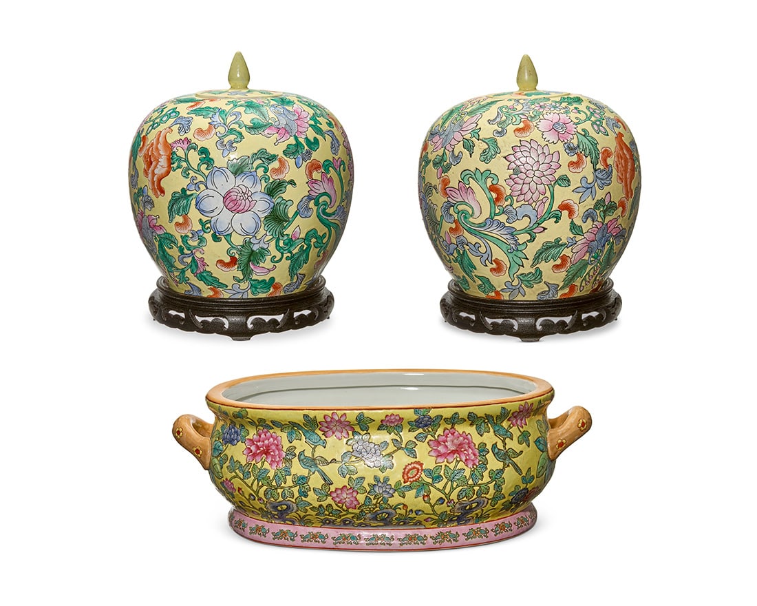 A pair of Chinese Famille Jaune porcelain ginger jars and a footbath: A pair of Chinese Famille Jaune porcelain ginger jars and a footbath 20th century Each bearing a red apocryphal reign mark to underside; each jar with label: C P C / Made in Macau Comprising a pair