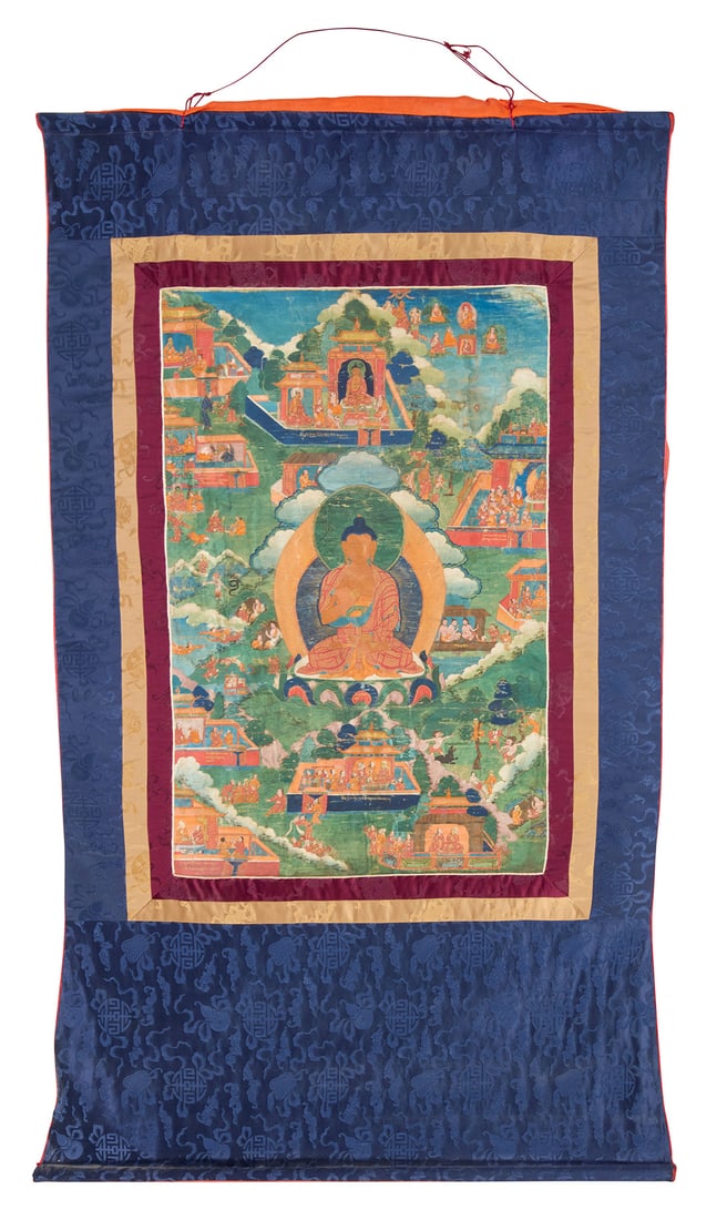 A Tibetan thangka: A Tibetan thangka 19th/20th century, Tibet or greater Vajrayana Diaspora Painted panel depicting scenes from the life of the Buddha in multicolored pigment on cotton, bordered by silk brocade