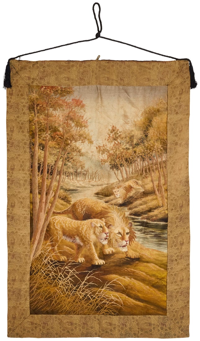 A Japanese silk embroidered pictorial wall hanging (1 of 4)