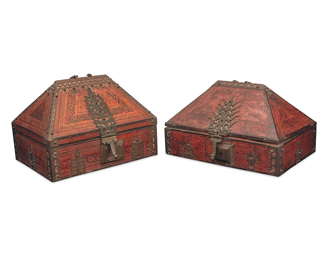 Two Malabar polychrome wood dowry boxes: Two Malabar polychrome wood dowry boxes 19th century Each with brass mounts and hinged locking lid with upper handle, opening to reveal an inner side compartment 2 pieces Larger: 10.5" H x 15" W x