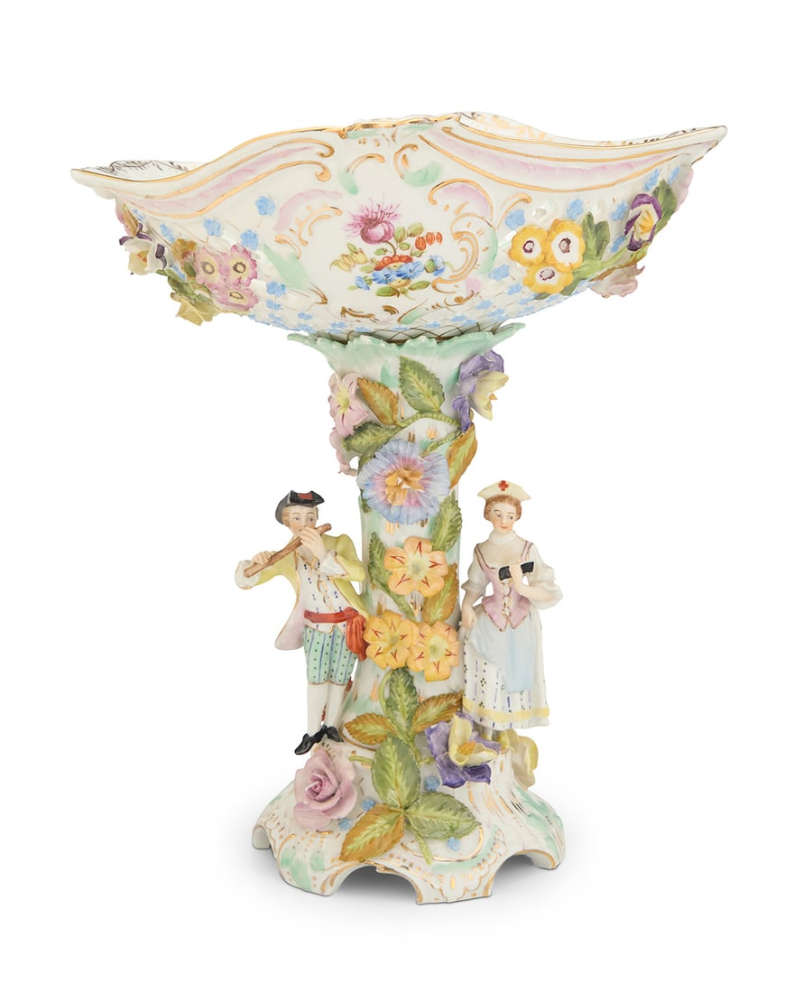 A Carl Thieme Potschappel porcelain center bowl: A Carl Thieme Potschappel porcelain center bowl Early/mid-20th century With underglaze blue Potschappel monogram mark above: Dresden With reticulated bowl raised on a pedestal profusely adorned with