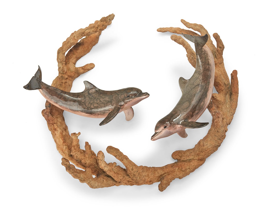 Robert Wyland (b. 1956), "Minds in the Water," 1999: Robert Wyland (b. 1956) "Minds in the Water," 1999 Cold-painted bronze, wall-mounted Edition: 40/2000 Signed, dated, and numbered in the casting: © Wyland 16.5" H x 17.75" W x 7.375" D Provenance: