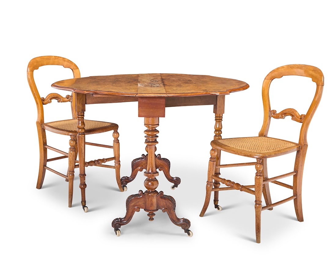 A Victorian burl walnut Sunderland table and pair of side chairs (1 of 13)