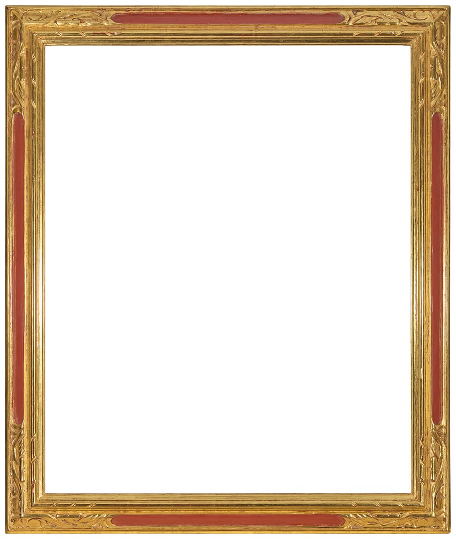 A gilt and paint decorated carved wood frame: A gilt and paint decorated carved wood frame20th centuryWith foliate spandrelsFrame: 35" H x 30" W x 1.5" D; Fits: 30" H x 25" W