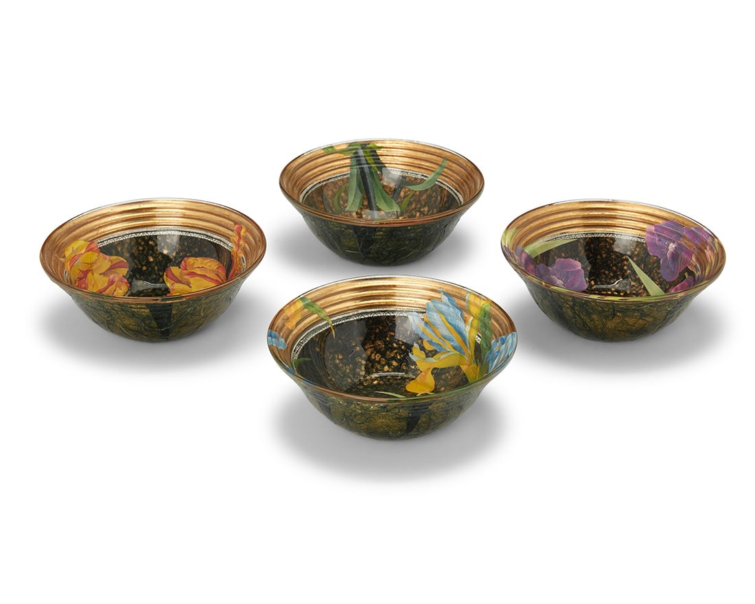 Four Scott Potter glass decoupage finger bowls: Four Scott Potter glass decoupage finger bowls 1998 Each signed, dated and inscribed on the underside: Scott Potter © Exclusively for Scully & Scully Each depicting flowers to bowl, with gilt rim 4