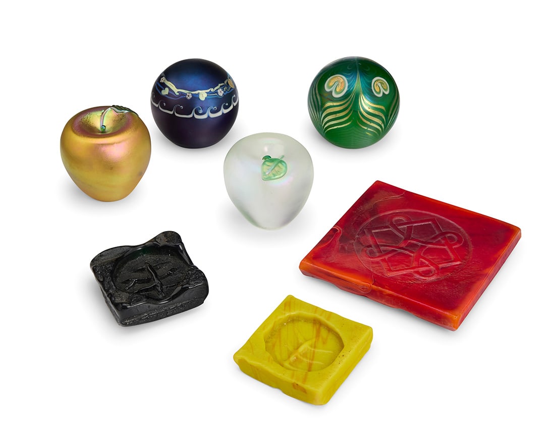 A group of Grant Randolph Studios glass paperweights and tiles: A group of Grant Randolph Studios glass paperweights and tiles1980sLargest tile with etched signature and number: Grant Rudolph / 9729; paperweights etched: GRS; four pieces with etched dates 1981 or