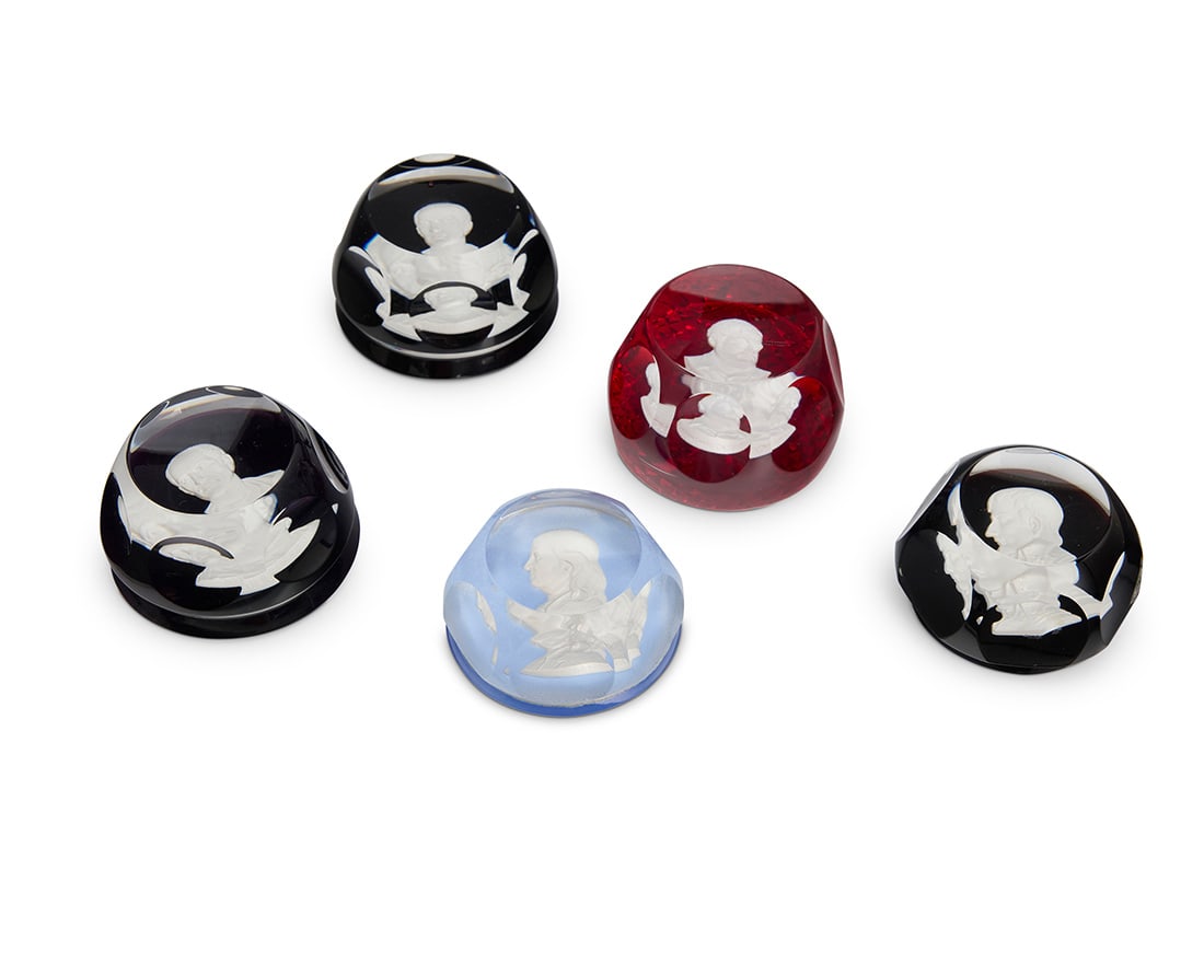 A group of five sulphide glass portrait paperweights: A group of five sulphide glass portrait paperweightsMid/late 20th centuryThree with Baccarat stencil mark, each Caesar further marked: The Franklin Mint © 1976; Napoleon dated: 1974; one etched: CR A