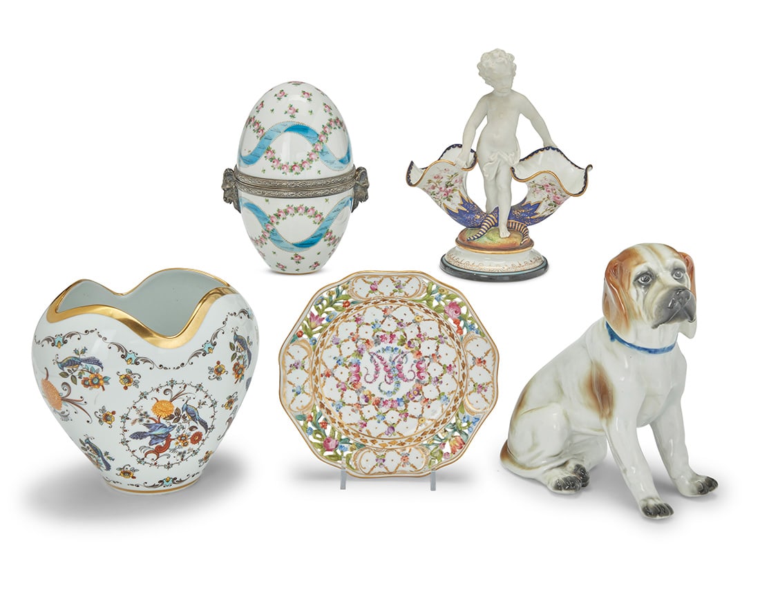 A group of five German porcelain items: A group of five German porcelain items 20th century Each with factory mark; pointer impressed: 23260 Comprising a Sitzendorf model of an English pointer (7.625" H), a Royal Porzellan Bavaria KPM