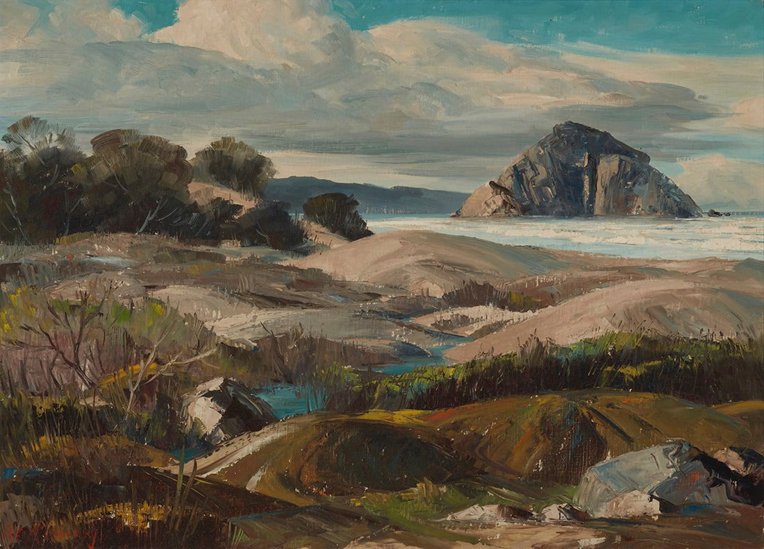 Bennett Bradbury (1914-1991), "Morro Rock": Bennett Bradbury (1914-1991) "Morro Rock" Oil on canvas Signed lower left: Bennett Bradbury; faintly signed again, titled, and numbered "#1233," all verso 22" H x 30" W Provenance: Sold: John Moran