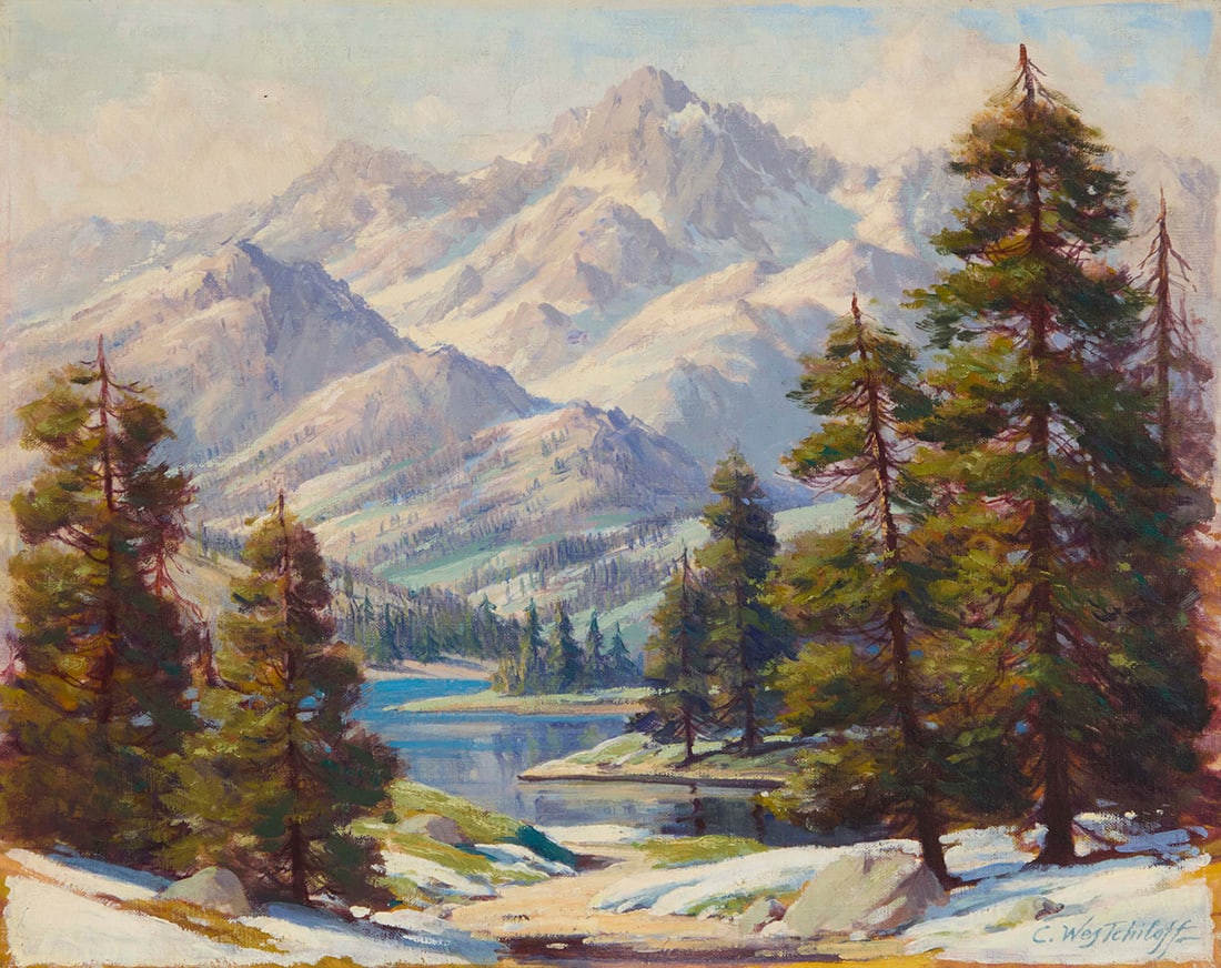 Constantin Westchiloff (1877-1945), Early spring river landscape: Constantin Westchiloff (1877-1945) Early spring river landscape Oil on canvas Signed lower right: C. Westchiloff 16.5" H x 24.25" W